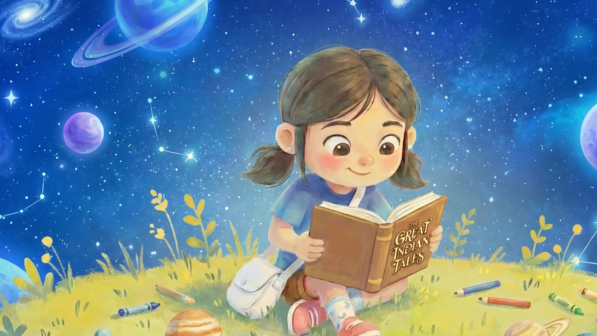 Raaya reads The Great Indian Tales beneath a starry sky.