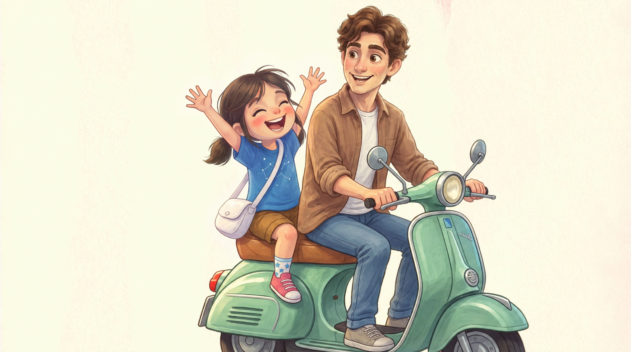 Raaya and Uncle Al riding their green scooter, in the original illustration.