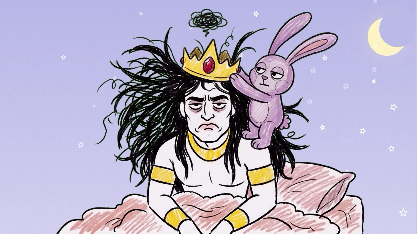 A rabbit places a crown on a sleepy character in Temple Bell, a Raaya Storytime film.